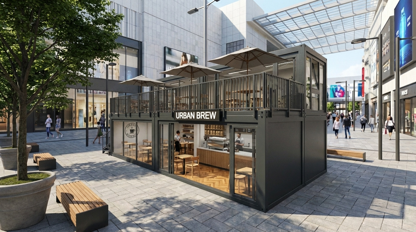 Ein zweistöckiges mobiles Gastronomie-Modul „Urban Brew“ in Anthrazit mit Glasfronten, Inneneinrichtung im Café-Stil und einer Dachterrasse mit Sonnenschirmen auf einem öffentlichen Platz.