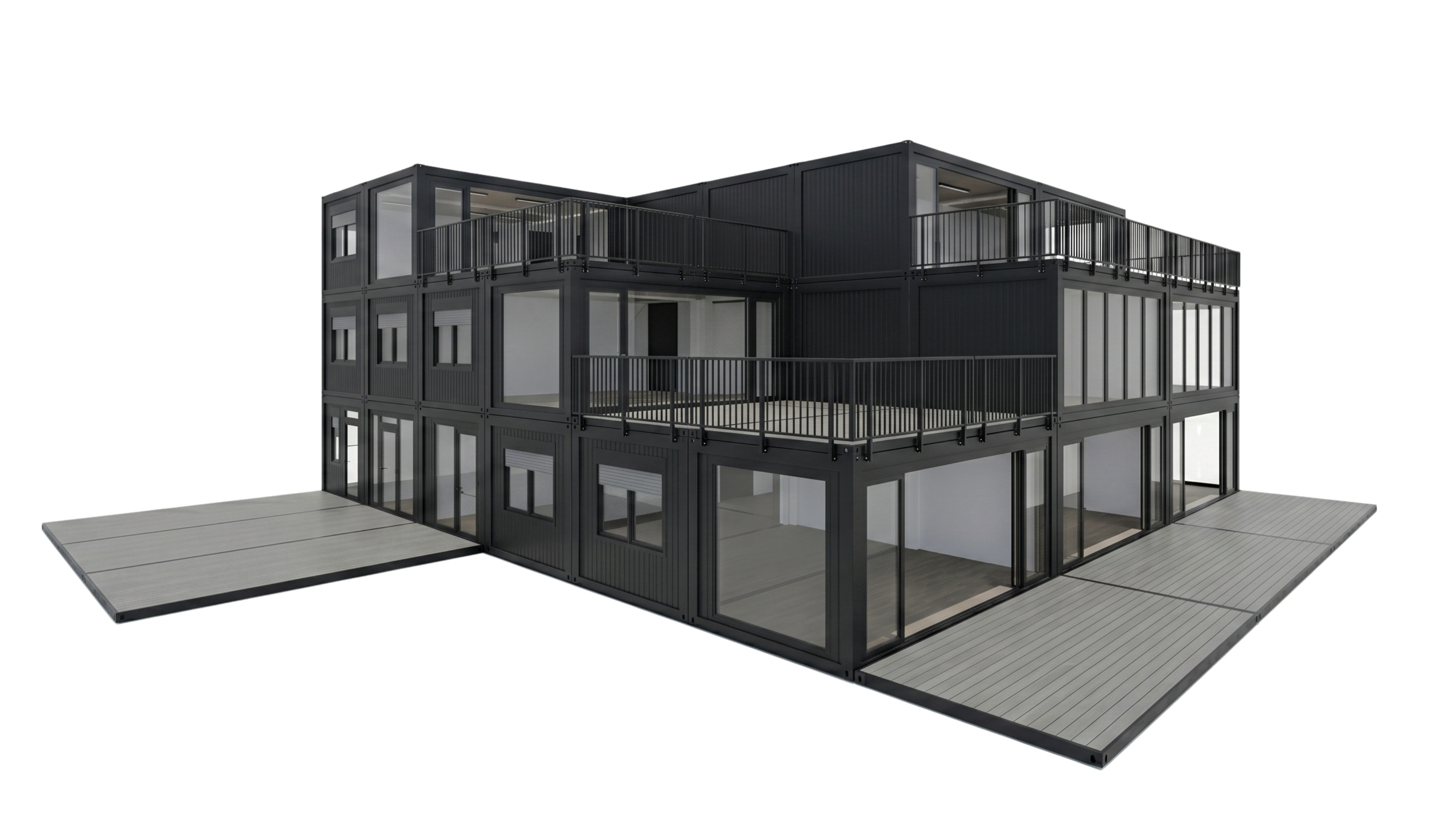 Dreigeschossige Anlage aus Wohncontainern (Entwurf 117) in Anthrazit mit einfachen Wohneinheiten inklusive Rollläden sowie großzügigeren Einheiten mit Glasfronten und zwei Dachterrassen.