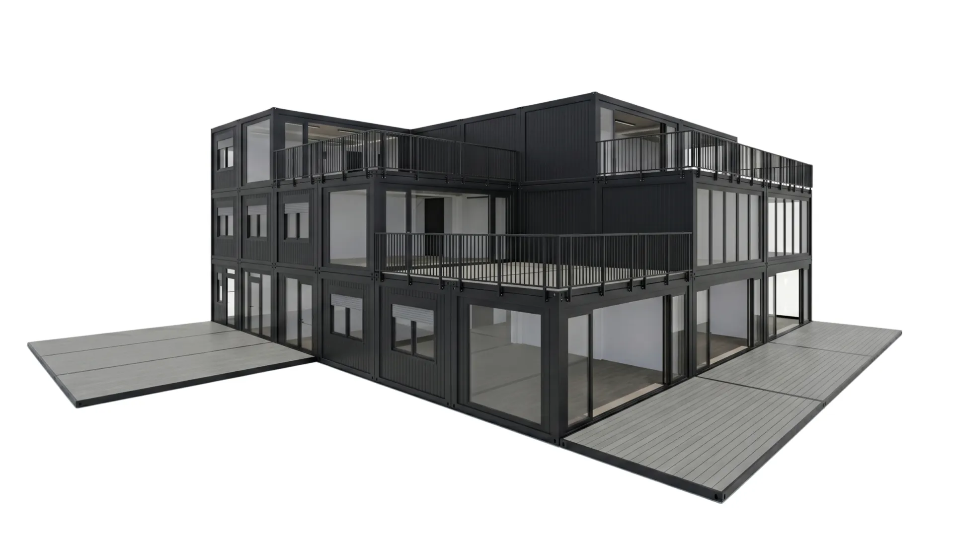 Temporärer Wohnraum neu gedacht: Der Eventcontainer Entwurf 117 bietet flexible Wohneinheiten von funktionalen Schlafräumen bis hin zu großzügigen Zimmern mit eigener Terrasse. Dreigeschossige Anlage aus Wohncontainern (Entwurf 117) in Anthrazit mit einfachen Wohneinheiten inklusive Rollläden sowie großzügigeren Einheiten mit Glasfronten und zwei Dachterrassen.