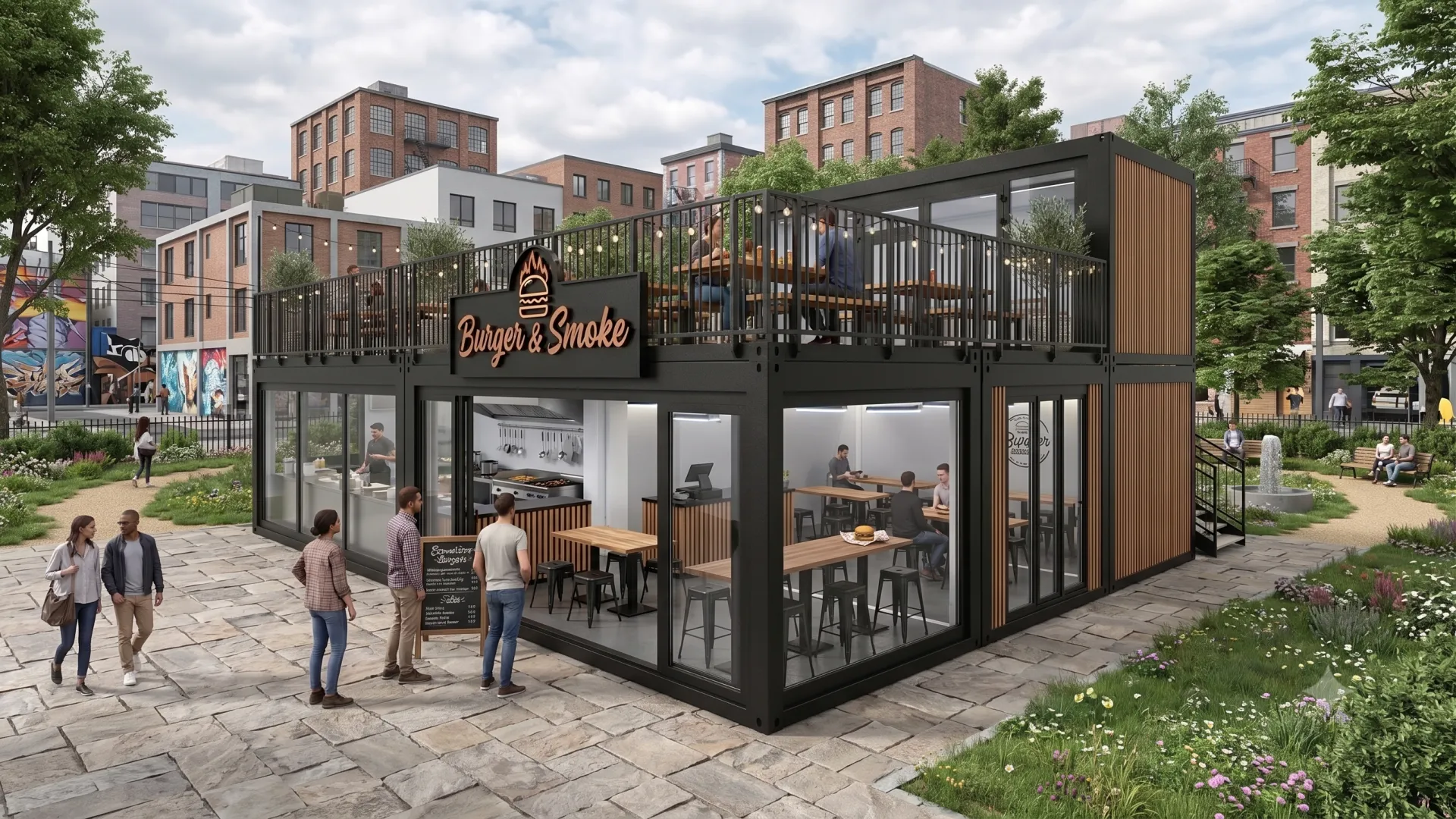 Bereit für das nächste Großevent: Unser doppelstöckiges Pop-up Gastro-Modul schafft maximalen Raum für Kulinarik und bietet Gästen eine exklusive Dachterrasse mit bestem Ausblick. Modernes, zweistöckiges Pop-up-Restaurant aus schwarzen Containern mit verglastem Erdgeschoss, einer sichtbaren Küche im Innenraum und einer voll besetzten Dachterrasse mit Holzverkleidung in einer urbanen Parkanlage.