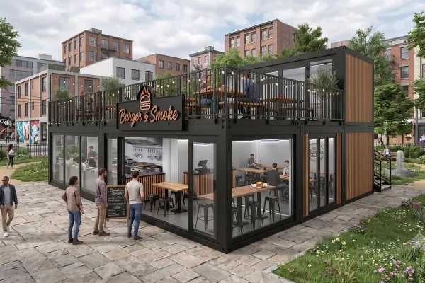 Pop-up Gastro – Doppelstock-Restaurant mit Dachterrasse - Foto Modernes, zweistöckiges Pop-up-Restaurant aus schwarzen Containern mit verglastem Erdgeschoss, einer sichtbaren Küche im Innenraum und einer voll besetzten Dachterrasse mit Holzverkleidung in einer urbanen Parkanlage.