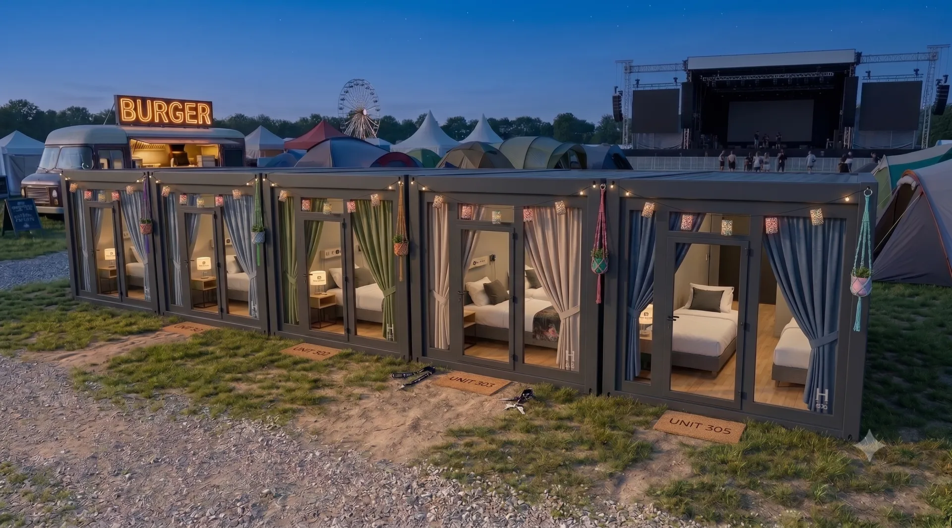 Exklusiver Komfort direkt auf dem Festivalgelände: Unsere Hotel-Container verwandeln Eventflächen in stilvolle VIP-Resorts mit echten Betten und Wohlfühlgarantie. Vier nebeneinander aufgereihte, anthrazitfarbene Hotel-Container mit großen Glasfronten und gemütlich eingerichteten Zimmern auf einem Festivalgelände bei Dämmerung, im Hintergrund sind ein Riesenrad, Zelte und eine Konzertbühne zu sehen.