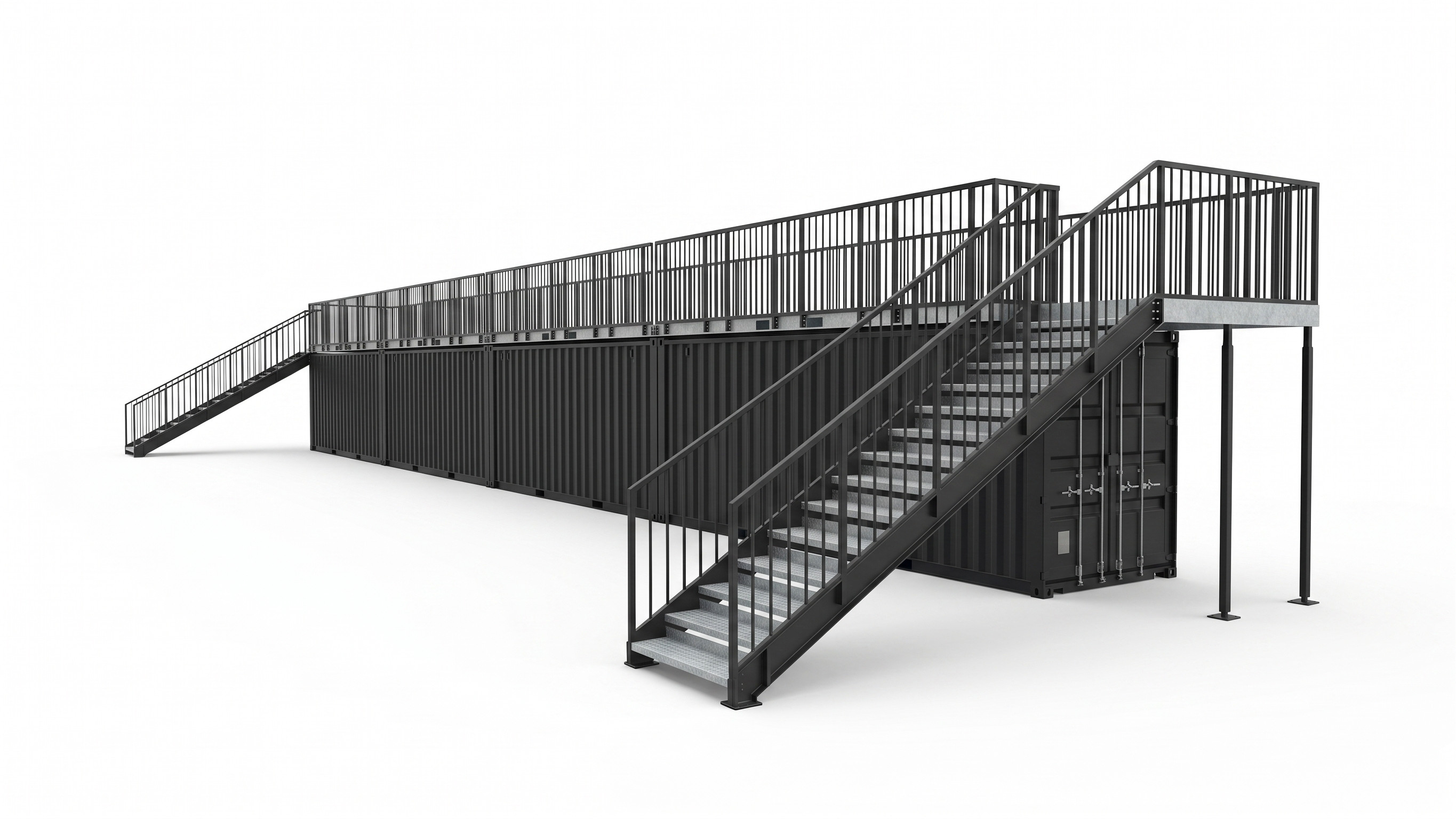Schwarze VIP-Tribüne aus vier 20-Fuß-Seecontainern mit großer Event-Dachterrasse und Stahltreppen