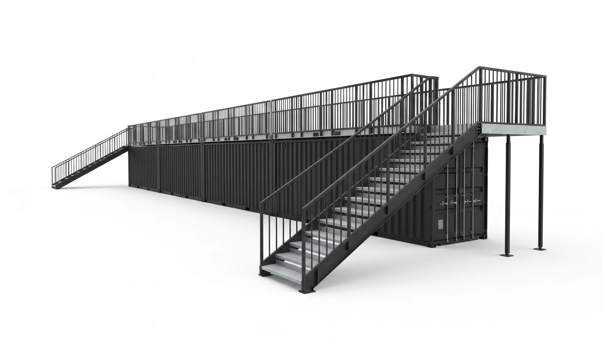 VIP-Tribünen-System aus 4x 20-Fuß-Container-Basis mit großzügiger Event-Terrasse und Doppelaufstieg. Schwarze VIP-Tribüne aus vier 20-Fuß-Seecontainern mit großer Event-Dachterrasse und Stahltreppen