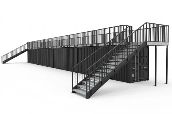 VIP-Tribüne auf Seecontainer-Basis - Foto Schwarze VIP-Tribüne aus vier 20-Fuß-Seecontainern mit großer Event-Dachterrasse und Stahltreppen