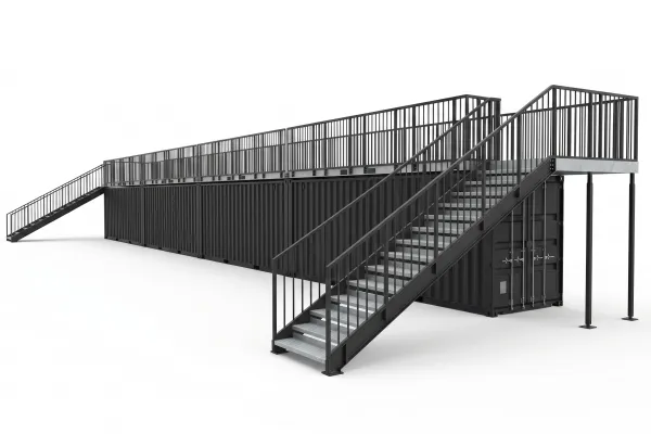 VIP-Tribüne auf Seecontainer-Basis - Foto Schwarze VIP-Tribüne aus vier 20-Fuß-Seecontainern mit großer Event-Dachterrasse und Stahltreppen