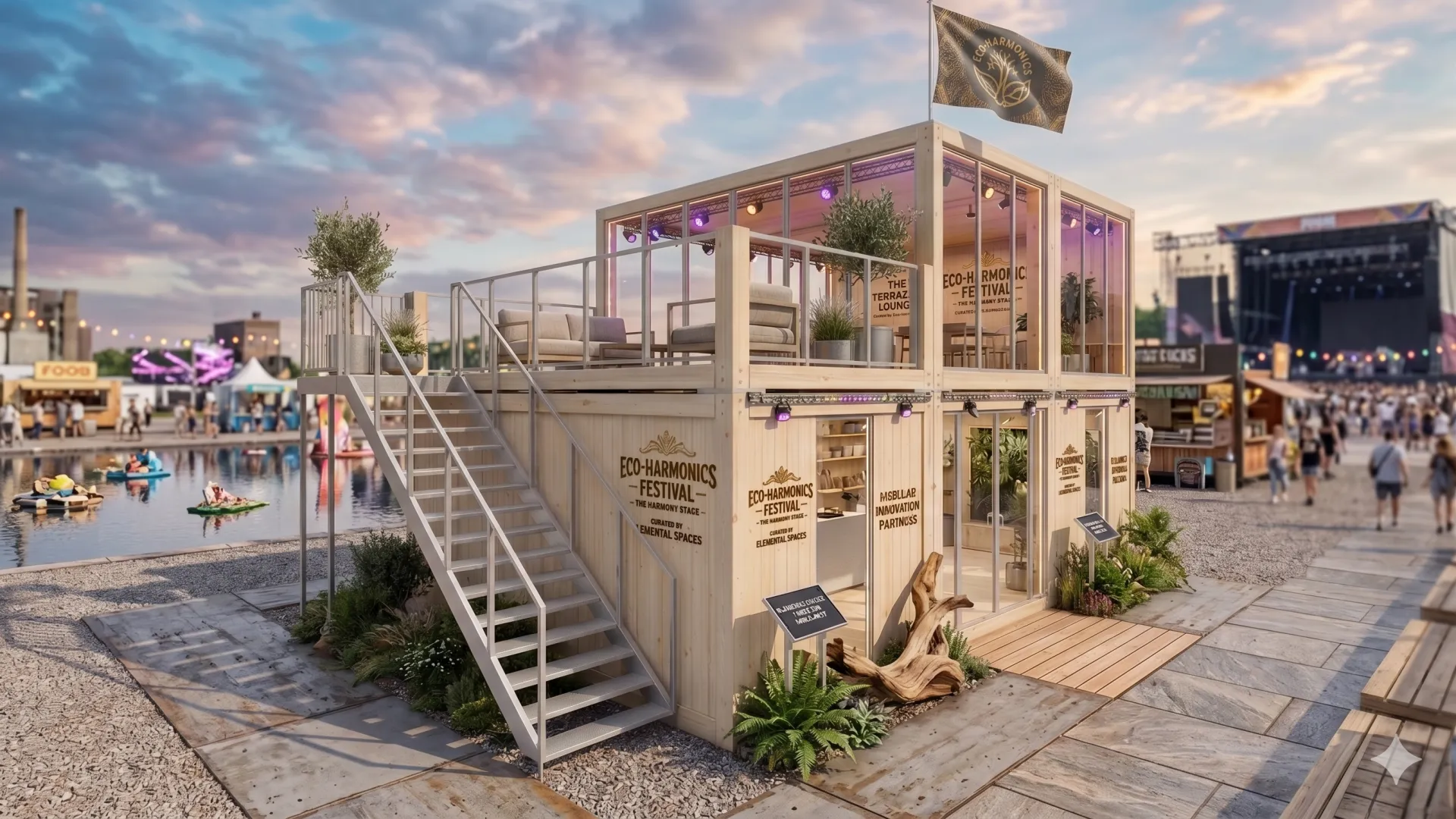 Ökologischer Festivalcontainer in Holzoptik für nachhaltige Marken. Zweistöckiges Design mit begrünter Umgebung, Glaselementen und einer Lounge für umweltbewusste Events. Festivalcontainer Sustainability-Hub