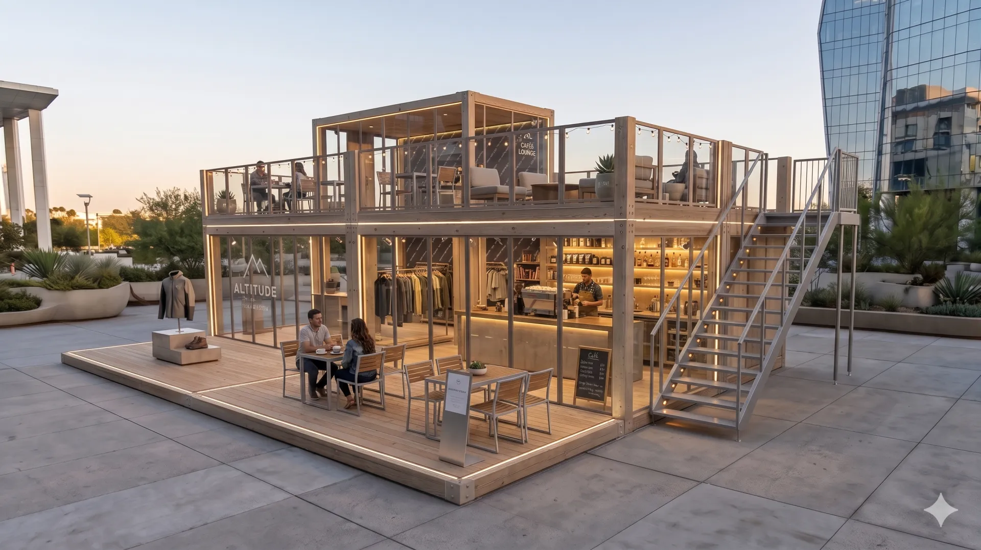 Mehr als nur ein Container: Unser Pop-up Store „Lifestyle & Fashion“ schafft begehbare Markenwelten, die durch modulares Design und hochwertige Details überzeugen. Ein zweistöckiges modulares Verkaufsmodul aus hellem Holz und Glas bei Dämmerung, das einen Fashion-Store und ein Café kombiniert, inklusive Außenterrasse und Treppenaufgang.