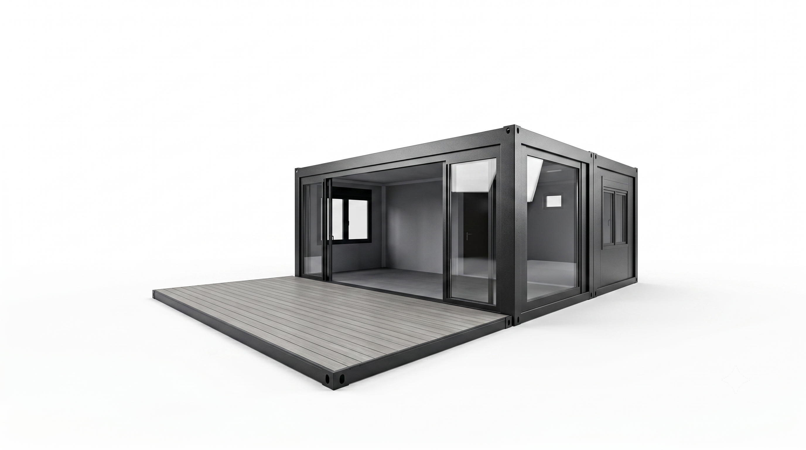 3D-Modell eines anthrazitfarbenen Eventcontainers mit geschlossenen Seitenwänden, einer Glasfront und einer separaten, vorgesetzten Terrassenplattform.