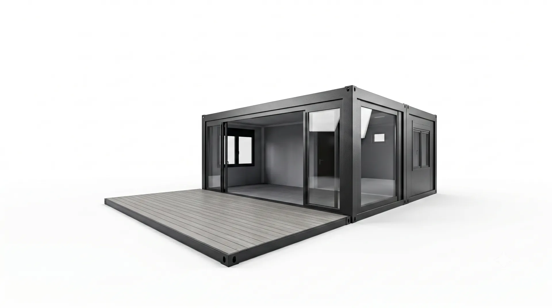 Flexibel, geschützt und repräsentativ: Der Eventcontainer Entwurf 47 ist die ideale Basis für exklusive Hospitality- und Eventkonzepte. 3D-Modell eines anthrazitfarbenen Eventcontainers mit geschlossenen Seitenwänden, einer Glasfront und einer separaten, vorgesetzten Terrassenplattform.