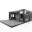 Foto 3D-Modell eines anthrazitfarbenen Eventcontainers mit geschlossenen Seitenwänden, einer Glasfront und einer separaten, vorgesetzten Terrassenplattform.