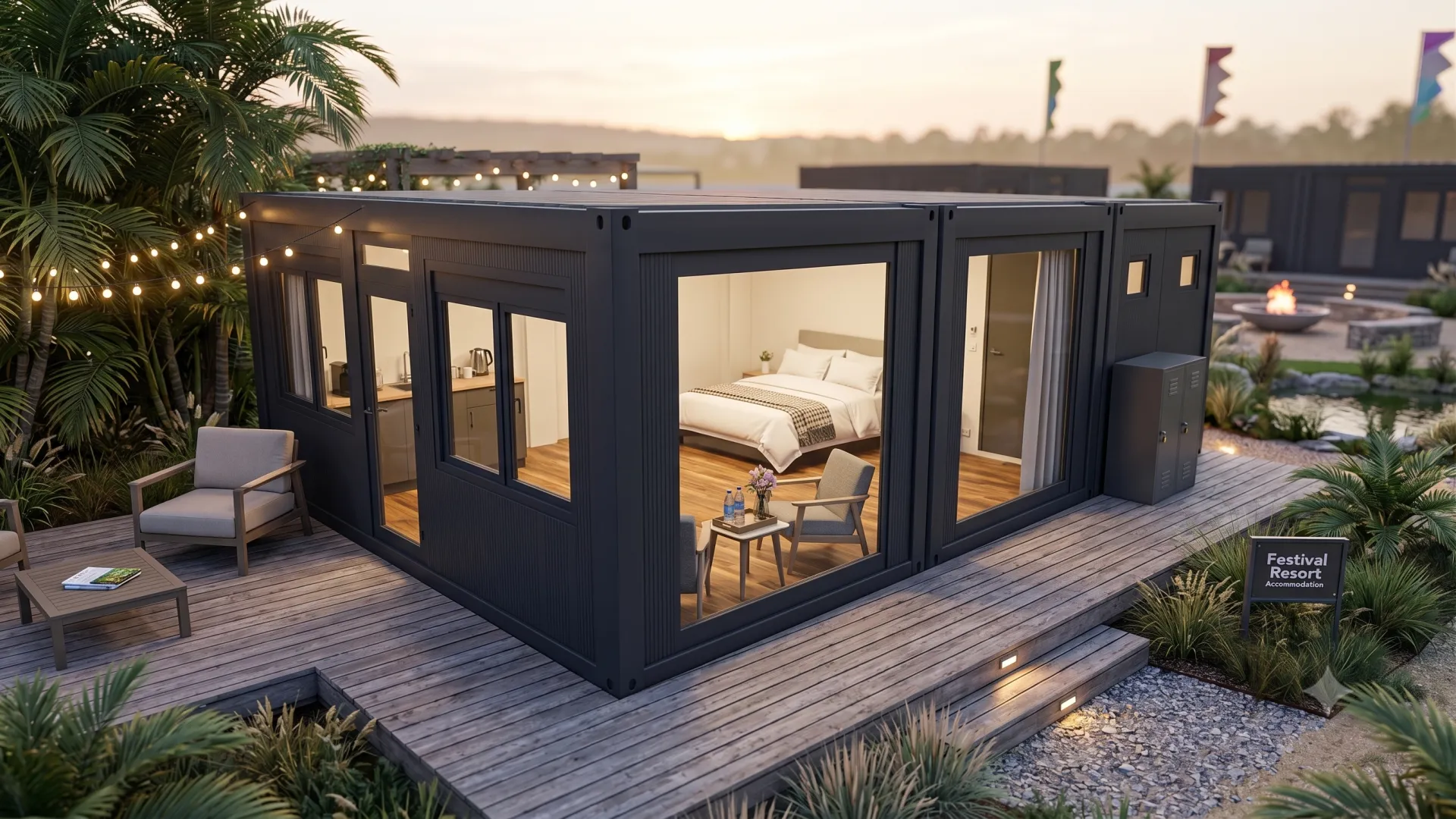 Komfort mitten im Geschehen: Die Event-Lodge bietet Festival- und Resortgästen ein exklusives und wetterfestes Übernachtungshighlight. Modern gestaltete Event-Lodge mit großen Glasfronten auf einem Festival- oder Resortgelände mit angelegten Wegen, hochwertig eingerichtet mit Bett und Sitzgelegenheit während der Abenddämmerung.