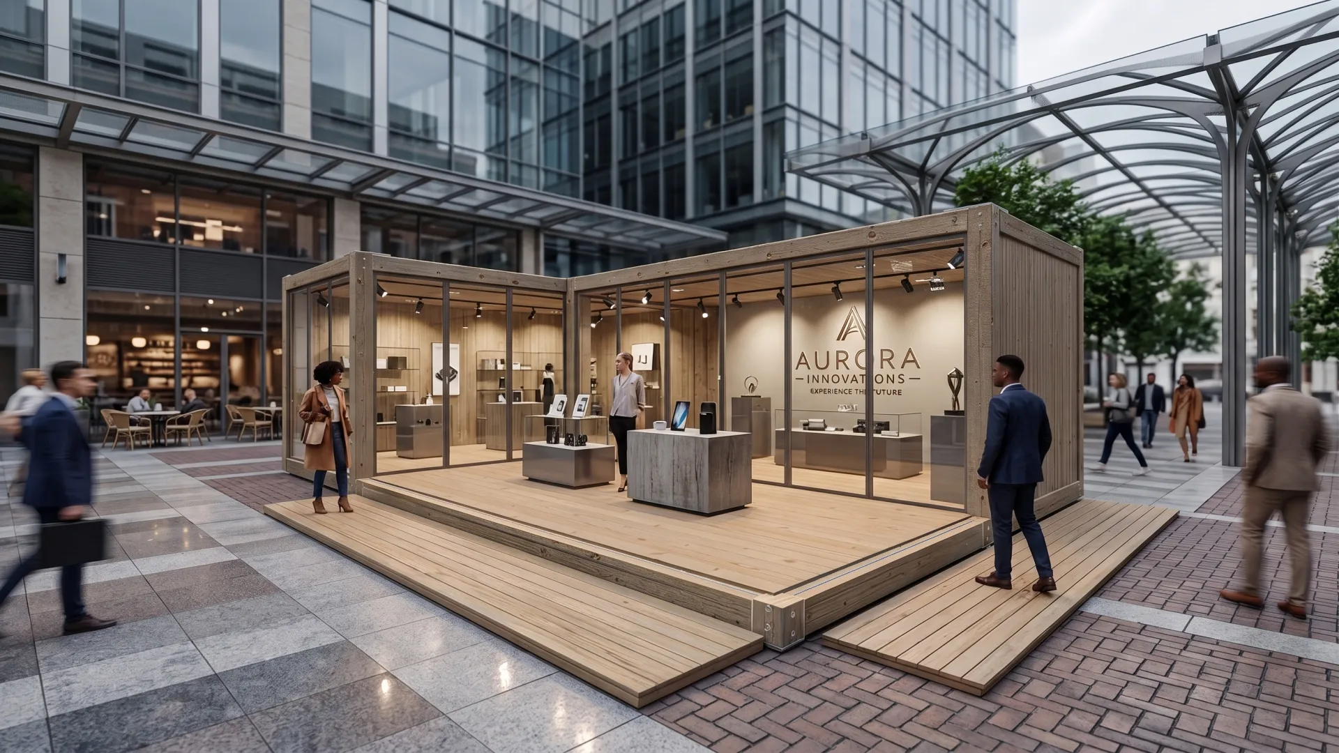 Ihre Innovationen verdienen eine Bühne: Der Showroom „Aurora“ verbindet moderne Architektur mit maximaler Flexibilität für Ihren Erfolg am Kunden. Außenansicht eines modernen, modularen Showrooms namens Aurora aus Holz und Glas in einem urbanen Innenhof. Im Inneren sind Technik-Exponate auf Podesten ausgestellt, Passanten laufen am Pavillon vorbei.