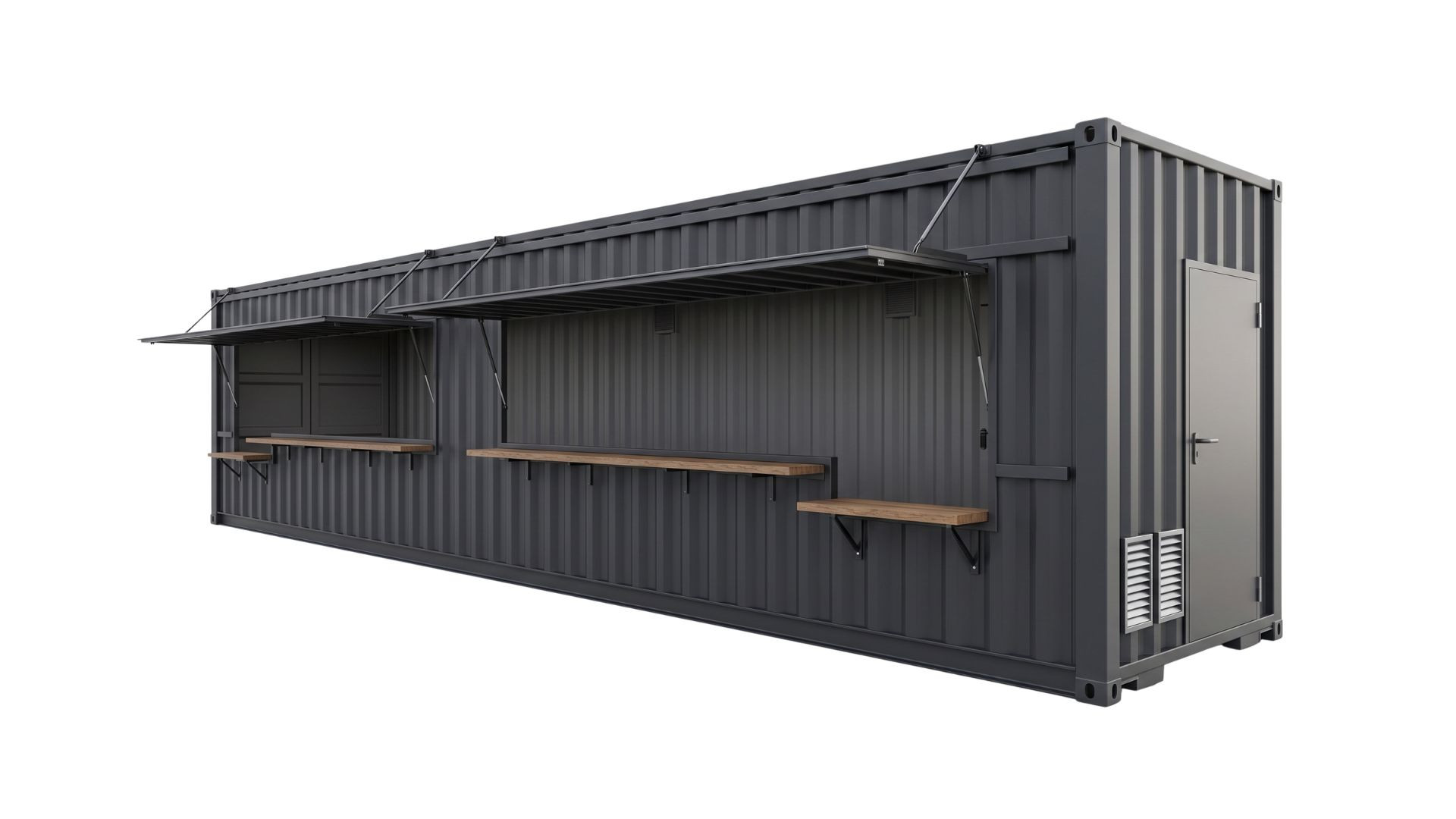 40 Fuß HighCube Kiosk Container in der Außenansicht von vorne rechts mit geöffneter Verkaufsklappe