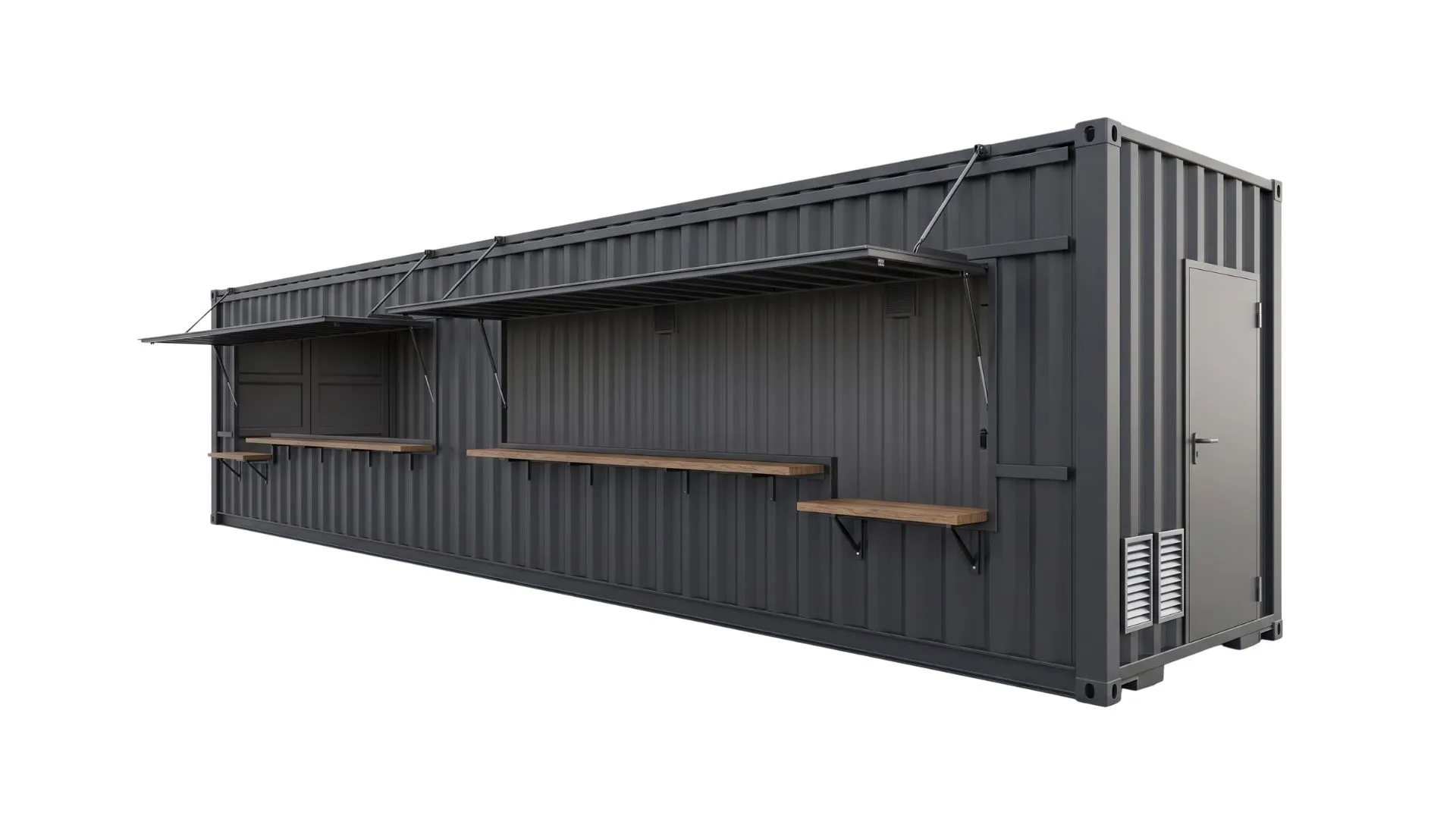 40 Fuß HighCube Kiosk Container in der Außenansicht von vorne rechts mit geöffneter Verkaufsklappe