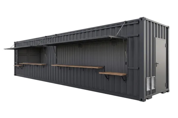 40 Fuß HighCube Kiosk Container - Foto 40 Fuß HighCube Kiosk Container in der Außenansicht von vorne rechts mit geöffneter Verkaufsklappe