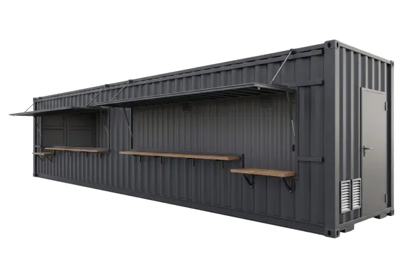 40 Fuß HighCube Kiosk Container - Foto 40 Fuß HighCube Kiosk Container in der Außenansicht von vorne rechts mit geöffneter Verkaufsklappe