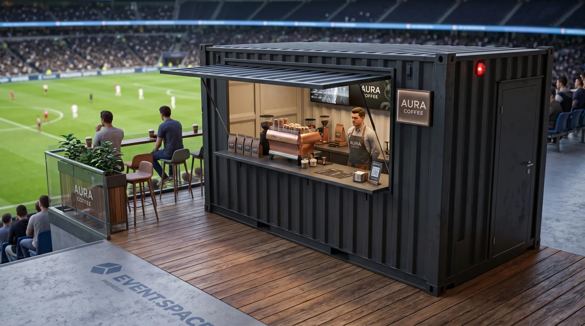 Urbaner Lifestyle trifft auf industrielle Robustheit: Der Gastro-Seecontainer „Aura“ setzt Ihre Marke überall perfekt in Szene. Ein anthrazitfarbener 20-Fuß-Gastro-Seecontainer namens Aura, umgebaut zu einer modernen Kaffeebar mit Holzterrasse in einem Fußballstadion. Ein Barista arbeitet hinter dem Tresen mit einer kupferfarbenen Espressomaschine.