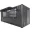 Foto Ein anthrazitfarbener 20 Fuß Kiosk Container auf weißem Hintergrund (seecontainer-rendering-hintergrund-wei-20-fuss-kiosk-container-preview-4 (2).jpg). Die große Verkaufsklappe an der Längsseite ist geöffnet und gibt den Blick auf eine Theke, Regale, Steckdosen und LED-Leuchten im Innenraum frei. Rechts befindet sich eine geschlossene Zugangstür.