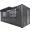 Foto Ein anthrazitfarbener 20 Fuß Kiosk Container auf weißem Hintergrund (seecontainer-rendering-hintergrund-wei-20-fuss-kiosk-container-preview-4 (2).jpg). Die große Verkaufsklappe an der Längsseite ist geöffnet und gibt den Blick auf eine Theke, Regale, Steckdosen und LED-Leuchten im Innenraum frei. Rechts befindet sich eine geschlossene Zugangstür.