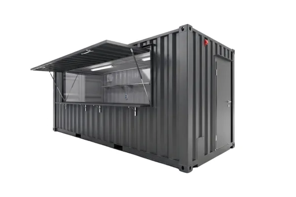 20 Fuß Kiosk Container - Foto Ein anthrazitfarbener 20 Fuß Kiosk Container auf weißem Hintergrund (seecontainer-rendering-hintergrund-wei-20-fuss-kiosk-container-preview-4 (2).jpg). Die große Verkaufsklappe an der Längsseite ist geöffnet und gibt den Blick auf eine Theke, Regale, Steckdosen und LED-Leuchten im Innenraum frei. Rechts befindet sich eine geschlossene Zugangstür.