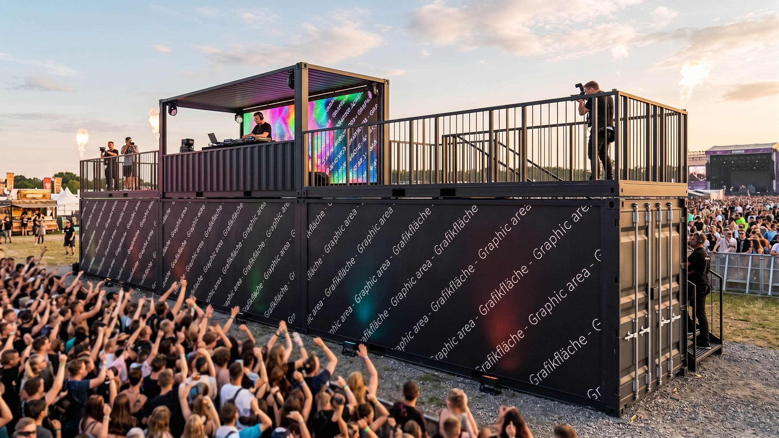Zweistöckige mobile Bühne aus schwarzen Seecontainern mit DJ-Pult auf dem Oberdeck, LED-Screens, Geländer und großflächigem Branding auf einem Festival.