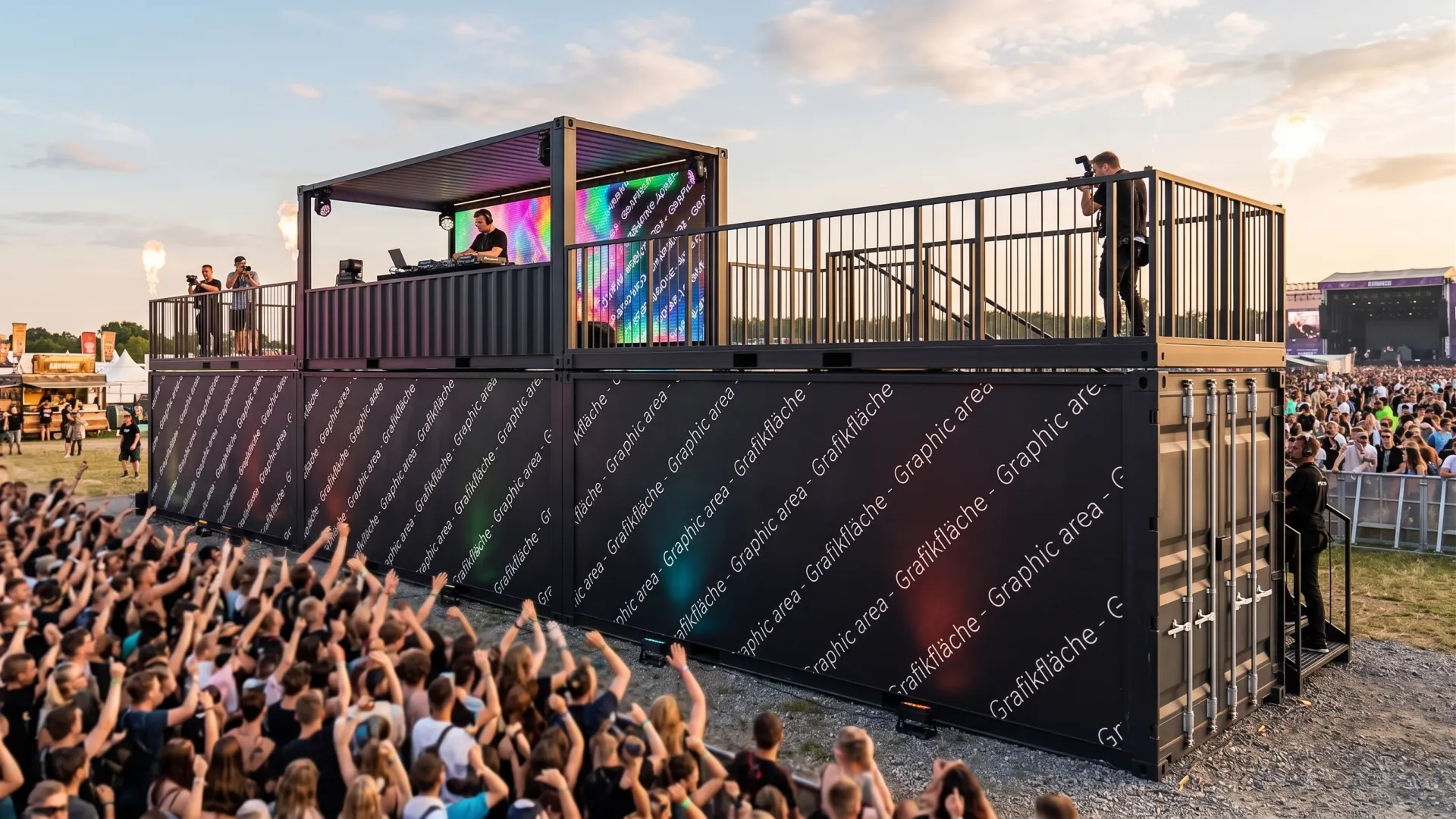 Starke Präsenz auf jedem Festival: Zweistöckige Container-Bühne mit individueller Branding-Fläche und bespielbarem Oberdeck in Aktion. Zweistöckige mobile Bühne aus schwarzen Seecontainern mit DJ-Pult auf dem Oberdeck, LED-Screens, Geländer und großflächigem Branding auf einem Festival.