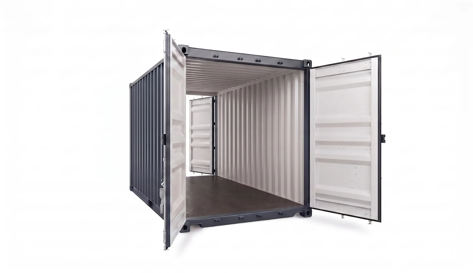 Compact & Dual-Access: Der 10 Fuß Double Door Container bietet maximale Flexibilität bei minimalem Platzbedarf. Schwarzer 10 Fuß Double Door Container aus Corten-Stahl mit doppelten Flügeltüren für beidseitigen Zugang