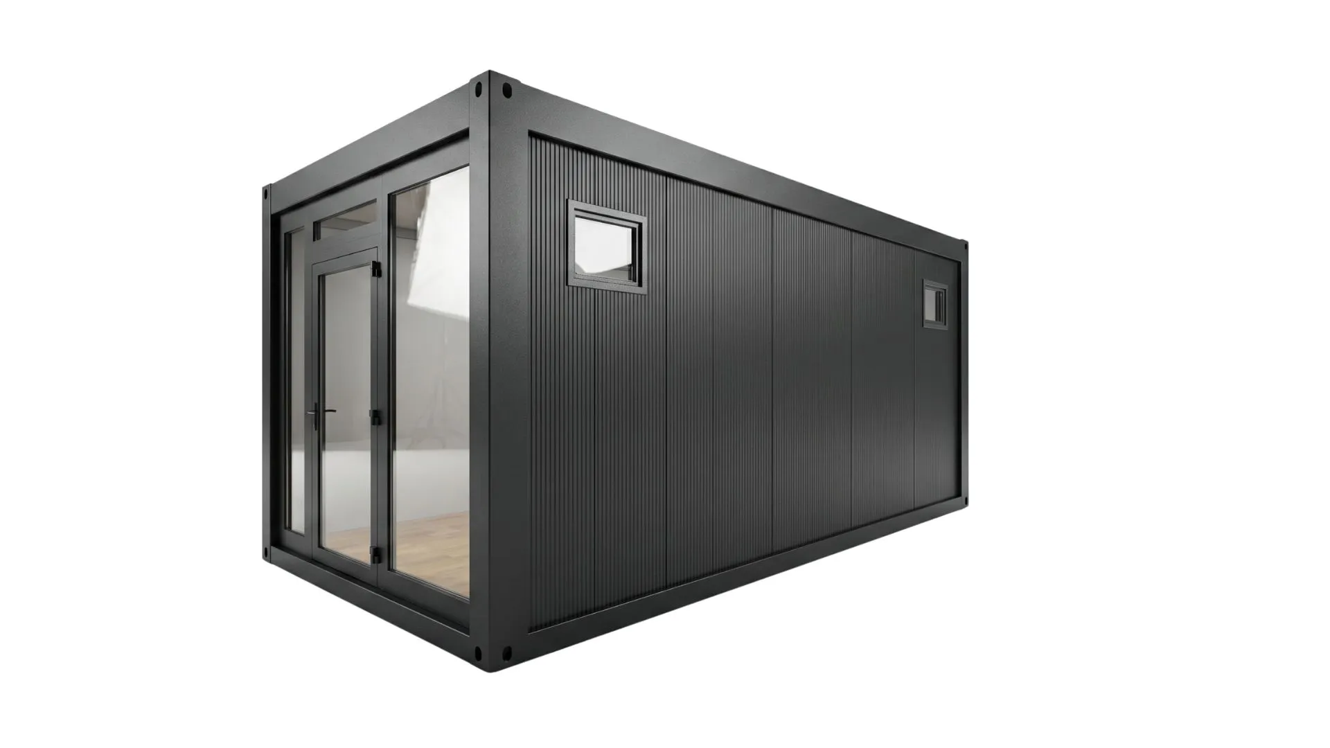 Flexibel, modular und erweiterbar: Der Eventcontainer Entwurf 48 lässt sich mühelos zu größeren Büro- und Unterkunftskomplexen zusammenschließen. Kombinierbarer, anthrazitfarbener Eventcontainer Entwurf 48 in einer 3D-Visualisierung vor weißem Hintergrund mit Glasfront und integrierter Tür an der Stirnseite sowie zwei kleinen Belüftungsfenstern an der Längswand.