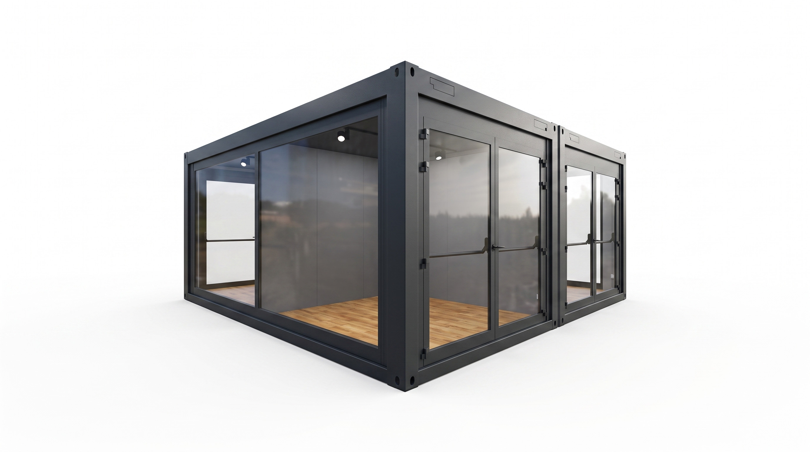 Zwei gekoppelte anthrazitfarbene Eventcontainer mit großflächigen Glasfronten, zweiflügeligen Glastüren, Innenbeleuchtung und Boden in Holzoptik.