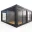 Foto Zwei gekoppelte anthrazitfarbene Eventcontainer mit großflächigen Glasfronten, zweiflügeligen Glastüren, Innenbeleuchtung und Boden in Holzoptik.