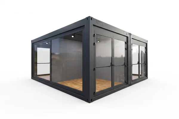 Eventcontainer | Entwurf 43 - Foto Zwei gekoppelte anthrazitfarbene Eventcontainer mit großflächigen Glasfronten, zweiflügeligen Glastüren, Innenbeleuchtung und Boden in Holzoptik.