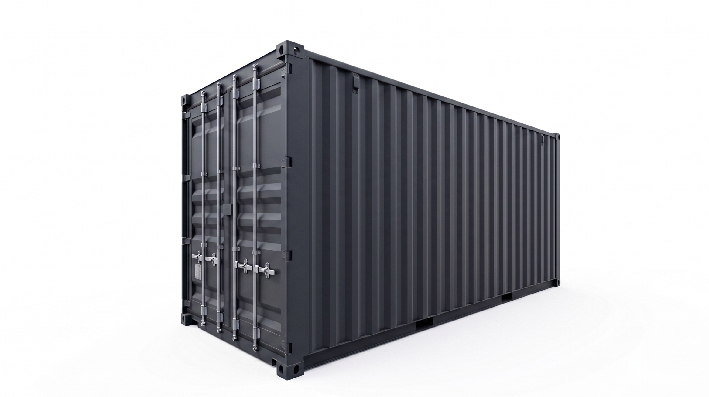 Anthrazitfarbener 20ft High Cube Seecontainer im minimalistischen Industrial-Design für Events