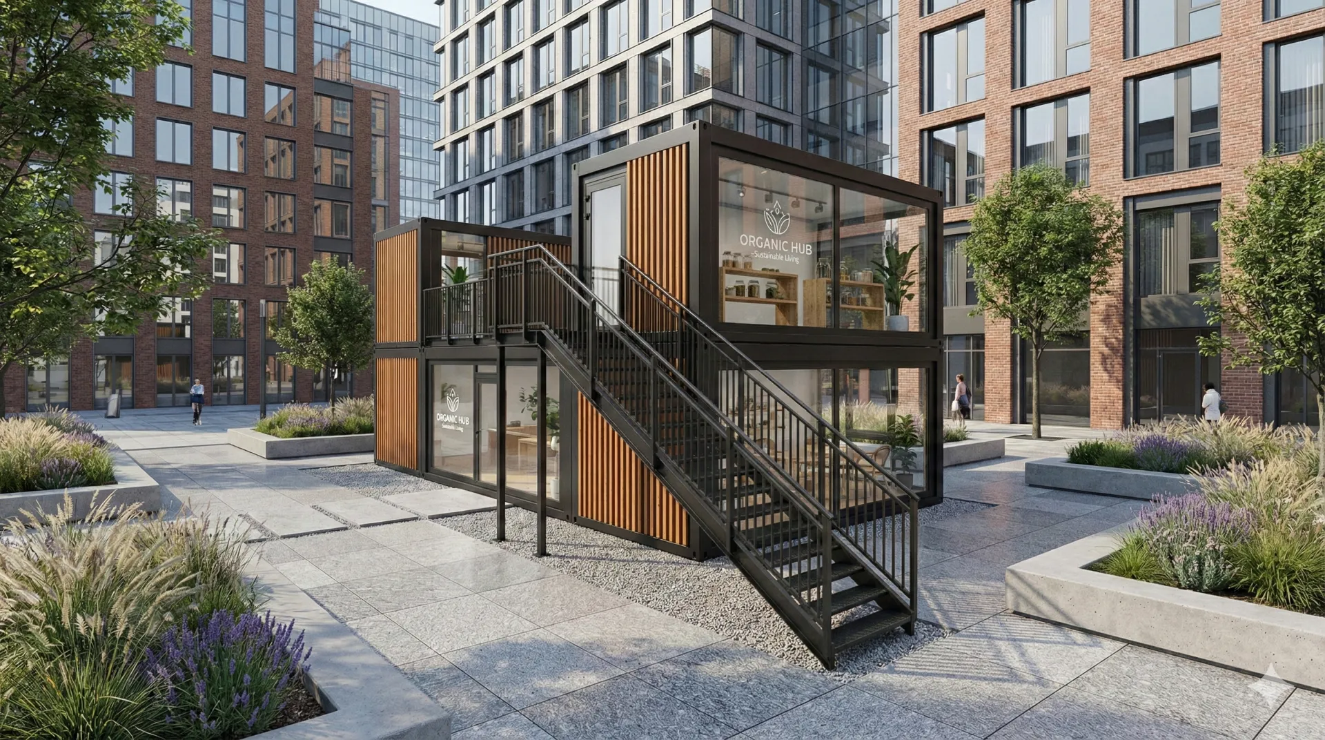 Mitten im urbanen Leben: Der Pop-up Store Sustainable Living setzt Ihre Marke durch zweigeschossiges Design und Panoramaglas perfekt in Szene. Zweigeschossiger schwarzer Eventcontainer Pop-up Store Sustainable Living mit Holzverkleidung, Verglasung und Außentreppe auf einem gepflasterten Platz.