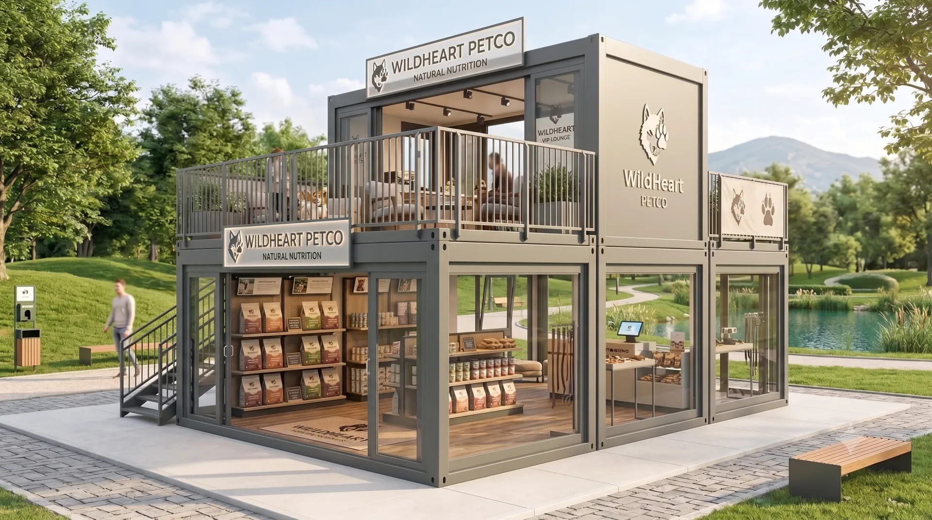 Ihr Flagship-Store auf Rädern: Der Promotioncontainer Petcare setzt neue Maßstäbe für Ihren nächsten Markenauftritt unter freiem Himmel. Zweistöckige, anthrazitfarbene Container-Anlage als mobiler Promotion-Store für Tiernahrung mit verglastem Erdgeschoss, Verkaufsregalen, Außentreppe und einer Dachterrasse mit Sitzgelegenheiten in einer Parkanlage.