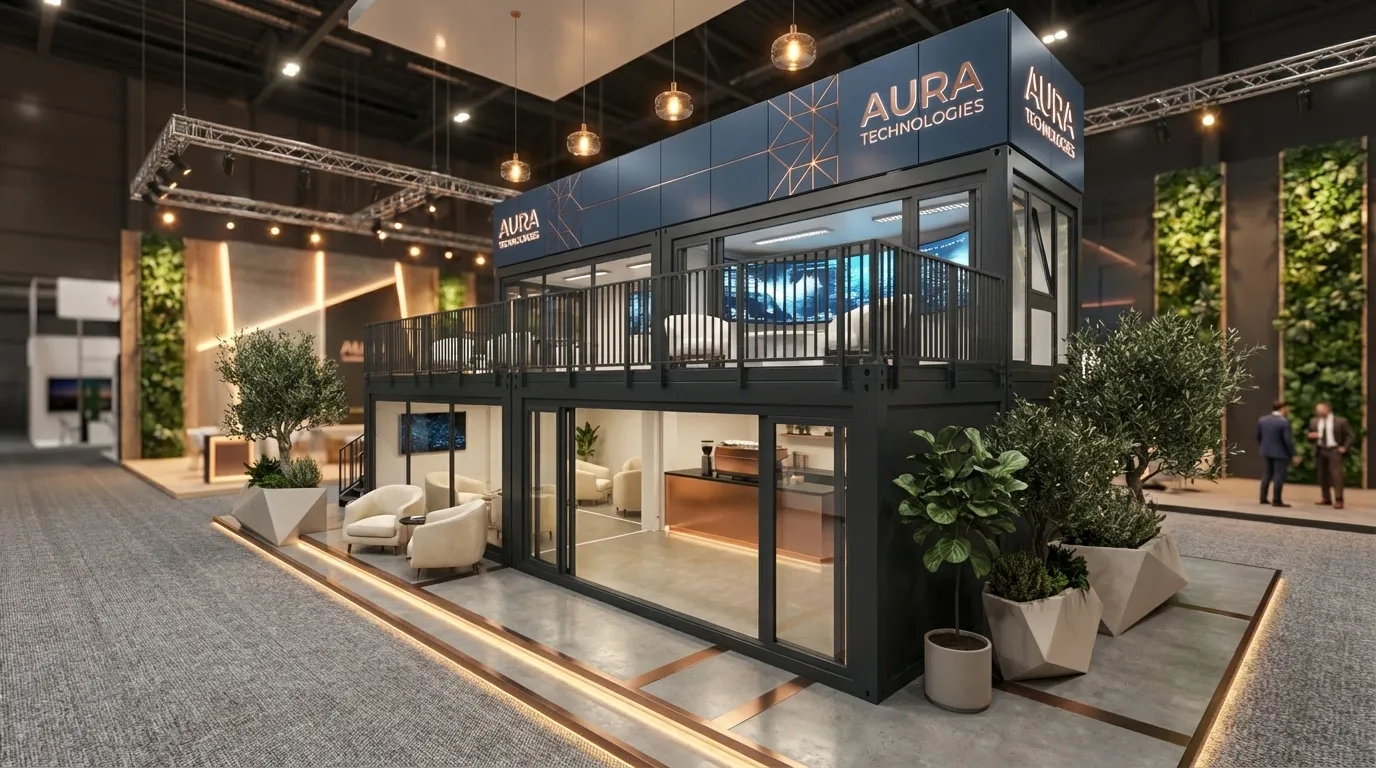 Weithin sichtbar und funktional überlegen: Das Messecontainer Premium-Lounge Doppelstock-System setzt neue Maßstäbe im modernen Standbau. Moderne, zweistöckige Messecontainer-Konstruktion mit Glasfronten, Außenbeleuchtung und einer Dachterrasse, gebrandet mit dem Logo 'AURA Technologies' in einer Messehalle.