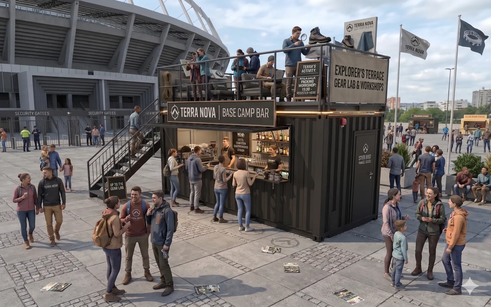 Ihr Basislager für den großen Auftritt: Der „Terra Nova“ Seecontainer macht Marken erlebbar – flexibel, robust und überall einsatzbereit. Ein anthrazitfarbener 20-Fuß-Seecontainer mit Dachterrasse, Bar-Ausschank und „Terra Nova“ Branding auf einem modernen Vorplatz vor einem Fußballstadion. Menschen interagieren im Außenbereich und auf dem Oberdeck.
