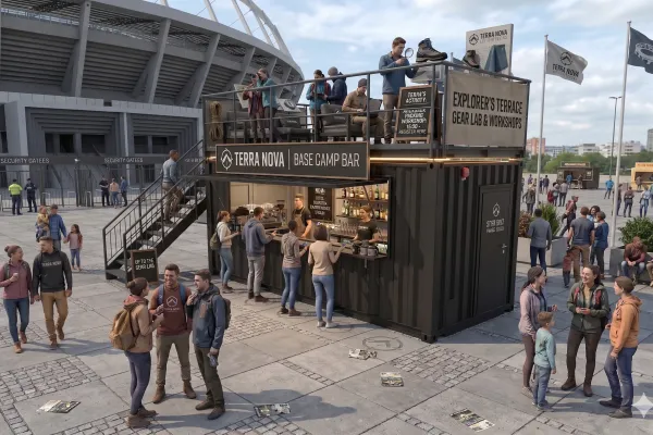 Outdoor-Fashion Seecontainer „Terra Nova“ – Promotionmodul mit Bar - Foto Ein anthrazitfarbener 20-Fuß-Seecontainer mit Dachterrasse, Bar-Ausschank und „Terra Nova“ Branding auf einem modernen Vorplatz vor einem Fußballstadion. Menschen interagieren im Außenbereich und auf dem Oberdeck.