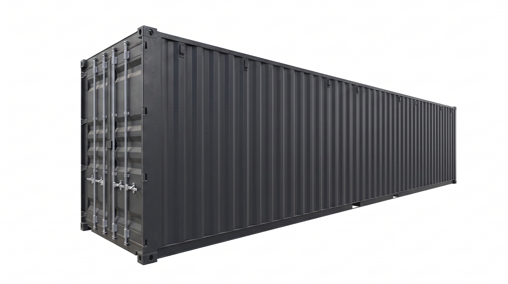 Hochwertiges 3D-Rendering eines 40 Fuß HighCube Containers in der Farbe Anthrazit, freigestellt auf weißem Hintergrund, Perspektive schräg von vorne links.