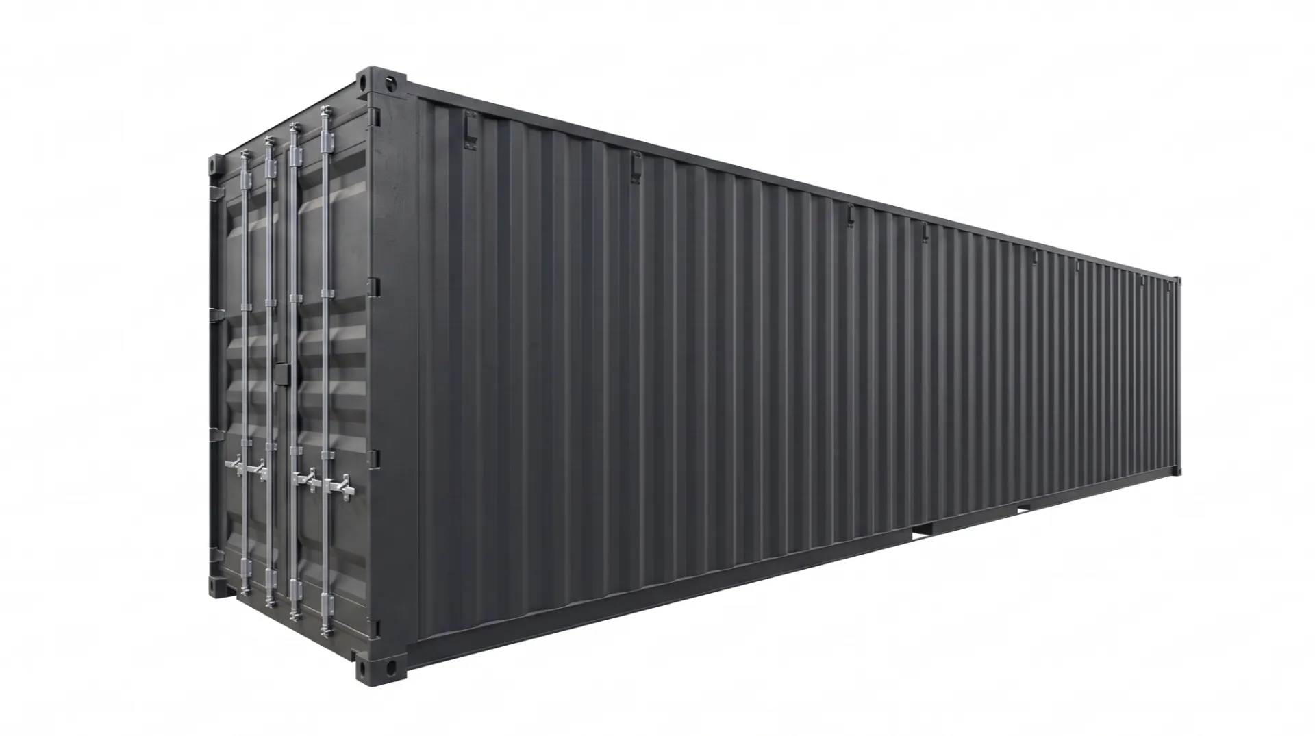 40 Fuß HighCube Container in Anthrazit (RAL 7016) – die großzügige Raumlösung mit 2,90 m Höhe für Events, Lagerung und temporäre Architektur. Hochwertiges 3D-Rendering eines 40 Fuß HighCube Containers in der Farbe Anthrazit, freigestellt auf weißem Hintergrund, Perspektive schräg von vorne links.