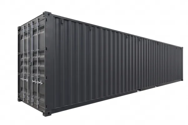 40 Fuß High Cube Container - Foto Hochwertiges 3D-Rendering eines 40 Fuß HighCube Containers in der Farbe Anthrazit, freigestellt auf weißem Hintergrund, Perspektive schräg von vorne links.