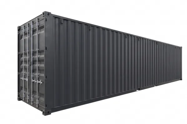 40 Fuß High Cube Container - Foto Hochwertiges 3D-Rendering eines 40 Fuß HighCube Containers in der Farbe Anthrazit, freigestellt auf weißem Hintergrund, Perspektive schräg von vorne links.