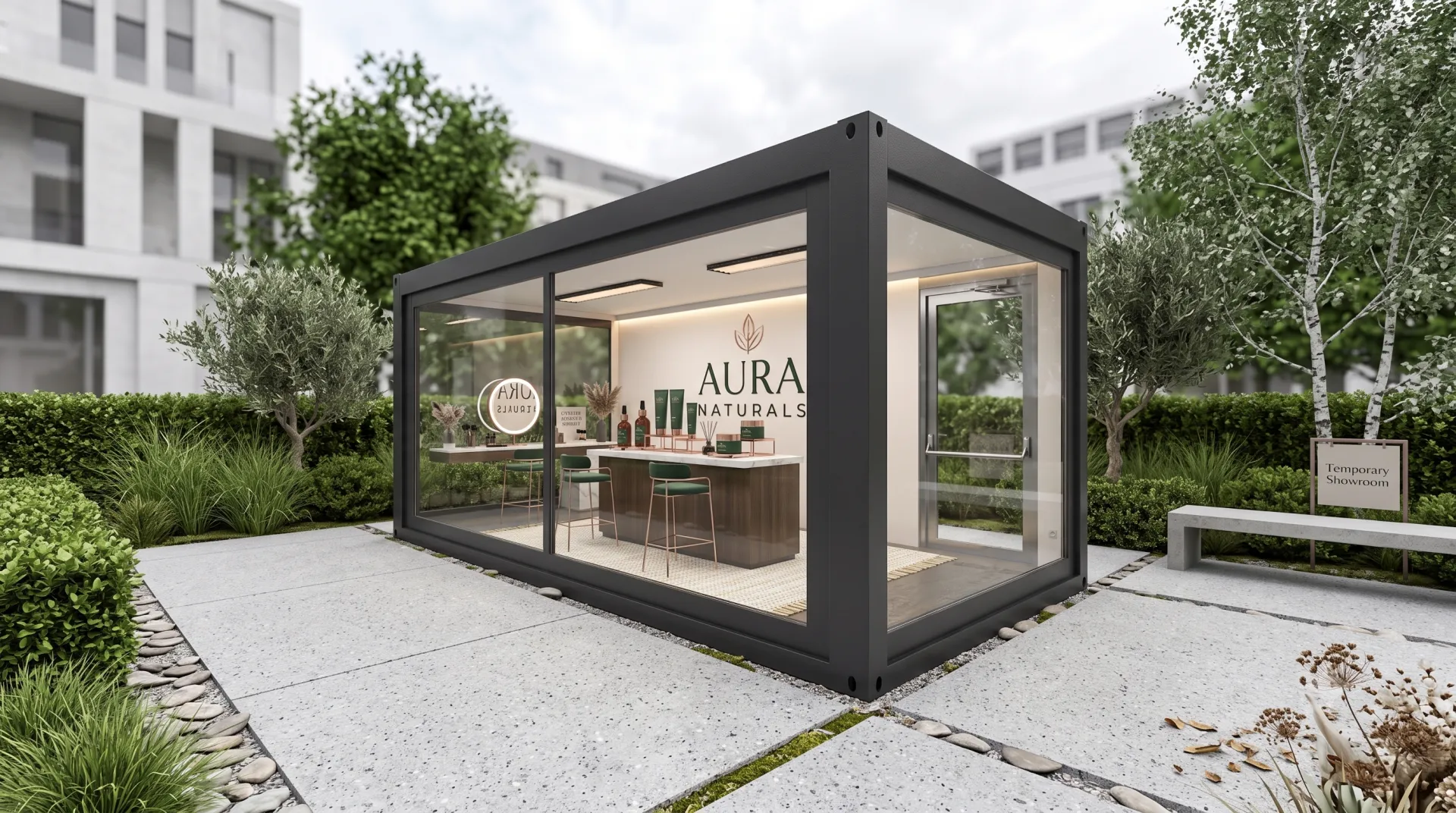 Temporäre Markenpräsenz neu gedacht: Der Pop-up Store für Naturkosmetik rückt Produkte durch vollflächige Verglasung ins beste Licht. Schwarz gerahmter, voll verglaster Pop-up Store Container mit Naturkosmetik-Präsentation, Counter, Beleuchtung und Marken-Logo im Innenraum auf einer Außenfläche.