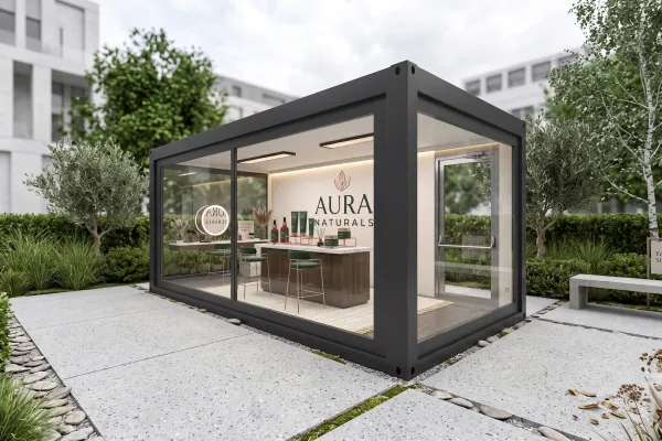 Pop-up Store Naturkosmetik / Skincare - Foto Schwarz gerahmter, voll verglaster Pop-up Store Container mit Naturkosmetik-Präsentation, Counter, Beleuchtung und Marken-Logo im Innenraum auf einer Außenfläche.