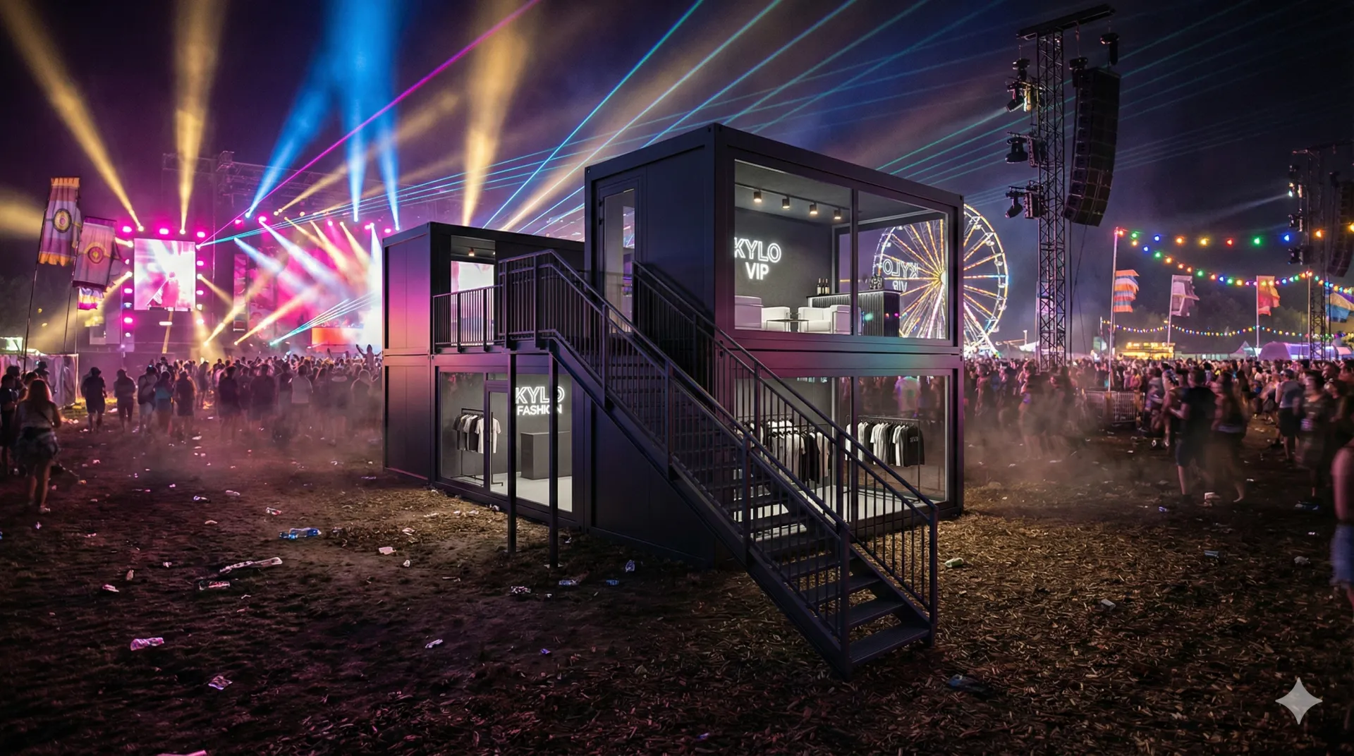 Zweistöckiger Festivalcontainer für Mode-Brands und Luxus-Promotion. Erdgeschoss mit Verkaufsfläche für Kleidung, Obergeschoss als exklusive VIP-Lounge mit Glasfronten und Terrasse. Festivalcontainer Fashion-Store & VIP-Lounge „Kylo“