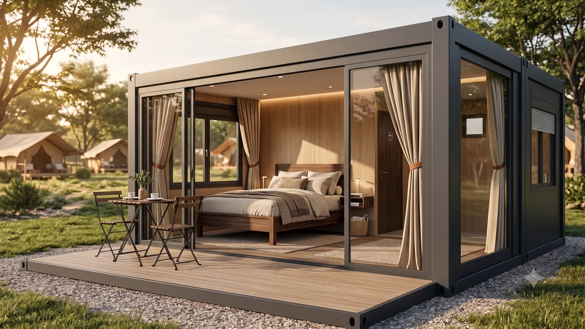 Exklusiver Wohnkomfort im modularen Design: Der Glamping-Container Premium schafft stilvolle Übernachtungsmöglichkeiten an jedem Standort. Modern ausgebauter Wohn- und Hotelcontainer mit großer Glasfront, Terrasse, Doppelbett und Holzinnenverkleidung in einer grünen Außenanlage.