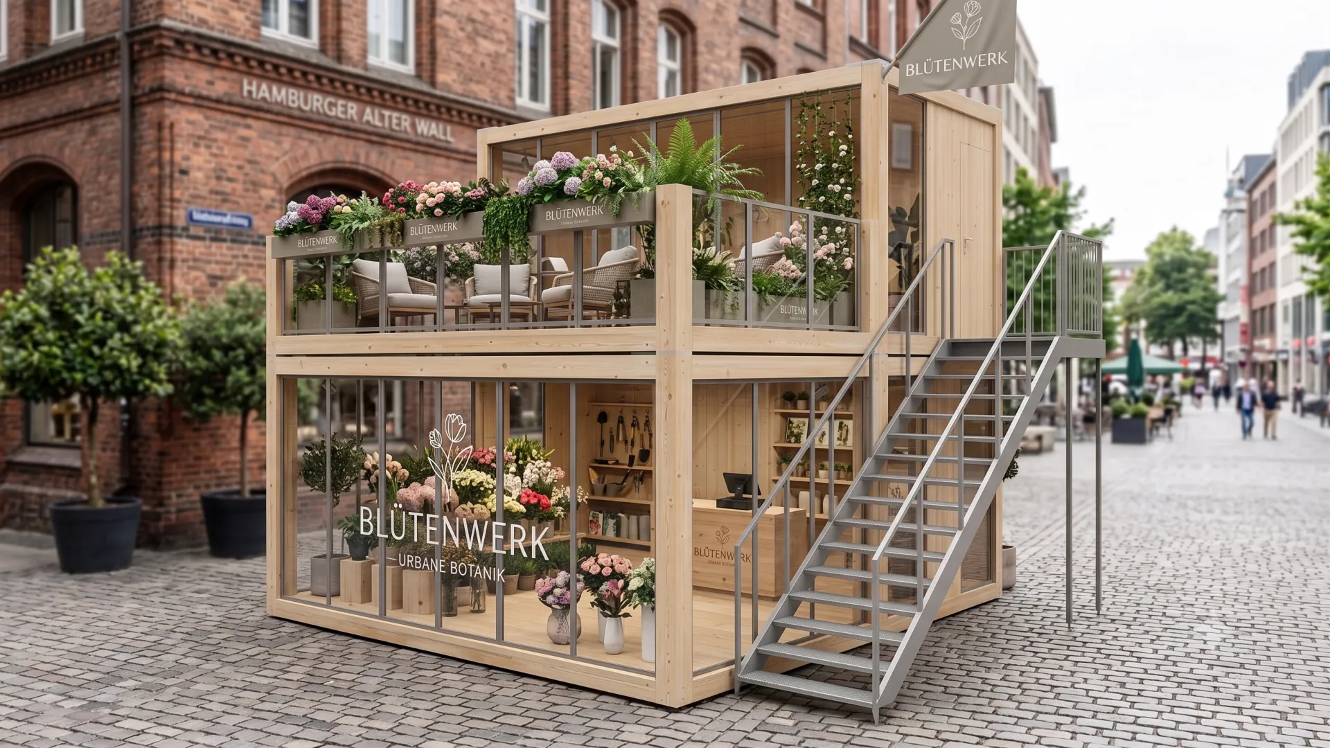 Nachhaltige Event-Architektur in der Praxis: Der zweistöckige Pop-up Store Floristik / Blumenladen verbindet vollverglaste Präsentationsflächen im Erdgeschoss mit einer einladenden Dachterrasse für Kundenberatung und Verweildauer. Ein doppelstöckiges Verkaufsmodul aus hellem Holz mit Glasfronten, eingerichtet als Blumenladen namens „Blütenwerk“, auf einem gepflasterten Platz vor Backsteingebäuden. Eine Stahltreppe führt auf die obere, bepflanzte Terrasse mit Sitzgelegenheiten.