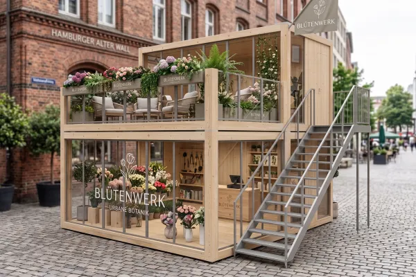 Pop-up Store Floristik / Blumenladen - Foto Ein doppelstöckiges Verkaufsmodul aus hellem Holz mit Glasfronten, eingerichtet als Blumenladen namens „Blütenwerk“, auf einem gepflasterten Platz vor Backsteingebäuden. Eine Stahltreppe führt auf die obere, bepflanzte Terrasse mit Sitzgelegenheiten.