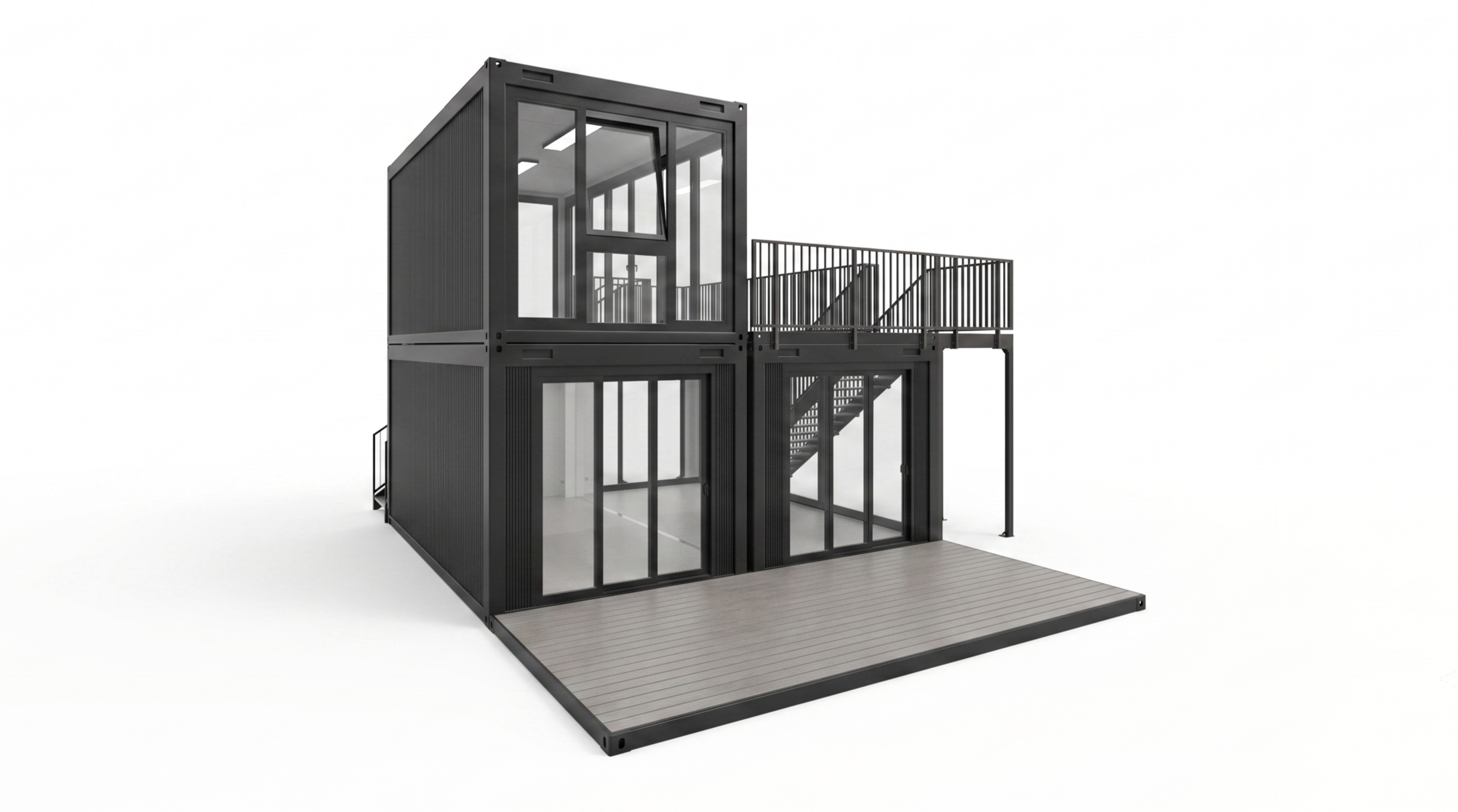 3D-Visualisierung des Eventcontainer Entwurf 65, bestehend aus drei anthrazitfarbenen Containermodulen auf zwei Etagen, einer 18 qm großen Dachterrasse mit Geländer, zwei Außentreppen und großflächigen Glasfronten.