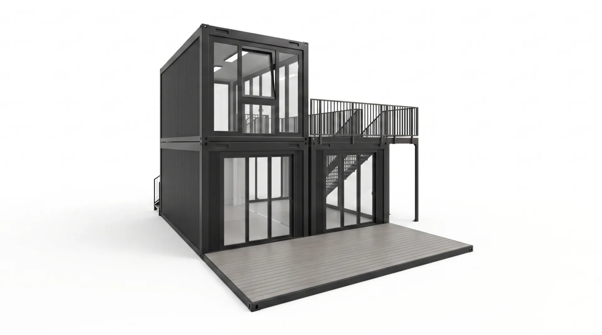 Zweistöckige Präsentationsfläche mit Rooftop-Flair – der Eventcontainer Entwurf 65 setzt neue Maßstäbe für Ihren nächsten Messeauftritt. 3D-Visualisierung des Eventcontainer Entwurf 65, bestehend aus drei anthrazitfarbenen Containermodulen auf zwei Etagen, einer 18 qm großen Dachterrasse mit Geländer, zwei Außentreppen und großflächigen Glasfronten.